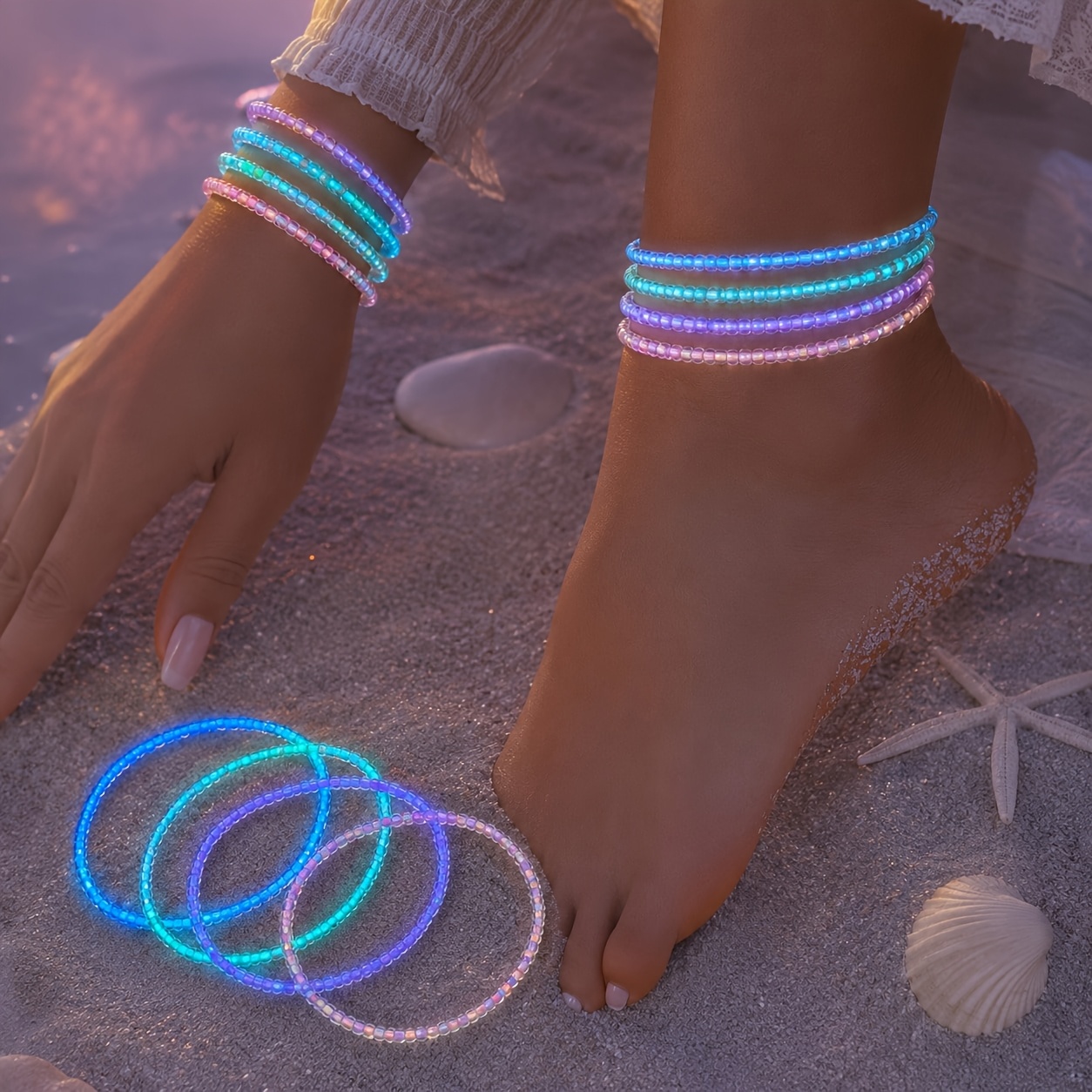 4pcs Glow-In-Dark Glass Bead Anklet Set, Beach Party Gift
